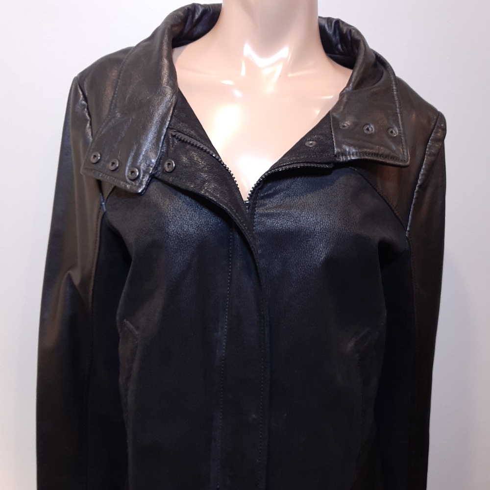 Blink By Danier Leather Jacket High Neck Mid Length Black Womens Size Large Coat - Picture 2 of 14